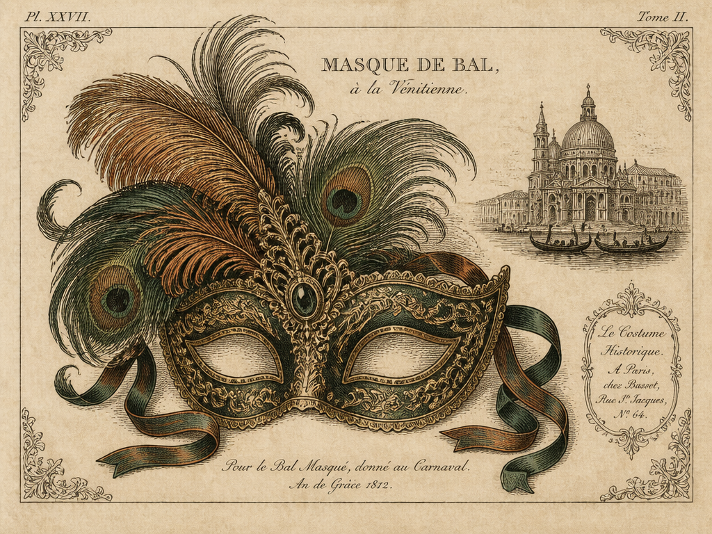 Vintage engraving of a Venetian masquerade mask